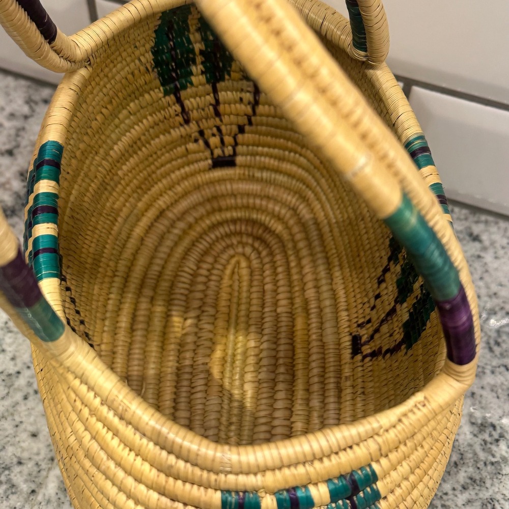 Handcrafted Woven Basket Bag with Lid Teal Purple Geometric Natural Straw Tan - Picture 10 of 13